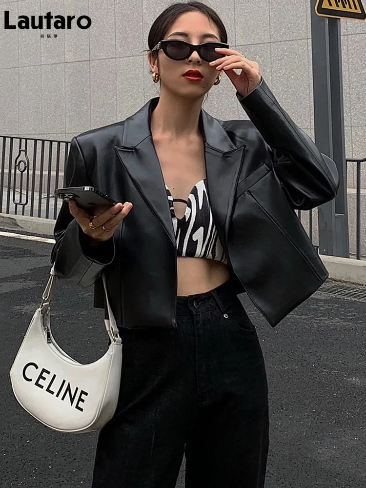 Short Leather Jackets Black Casual Short Soft Light Pu Leather Jacket with Long Sleeve Spring 2022 Womens Fashion Blazer Autumn 