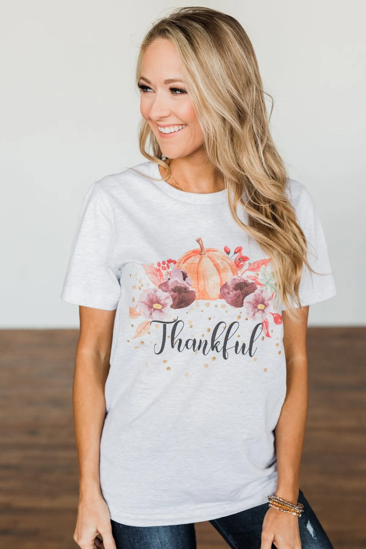 Thankful Pumpkin Graphic Tee- Heather Grey