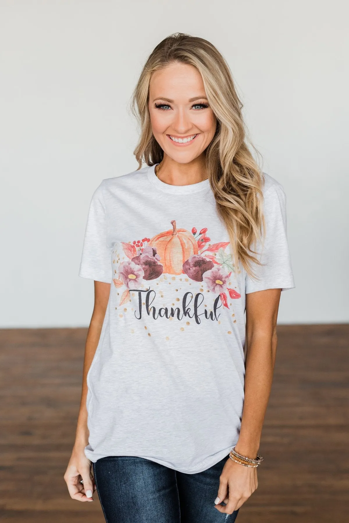 Thankful Pumpkin Graphic Tee- Heather Grey