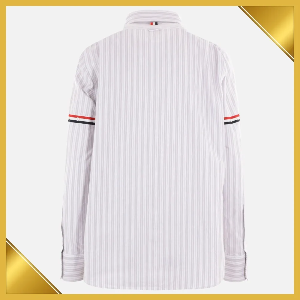 THOM BROWNE  |Button-down Stripes Long Sleeves Cotton Logo Designers