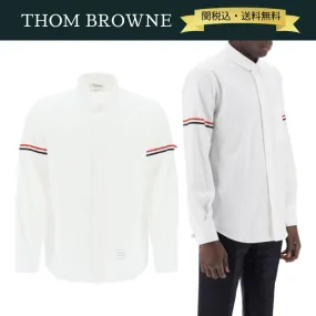 THOM BROWNE  |Button-down Stripes Long Sleeves Plain Cotton Logo Designers