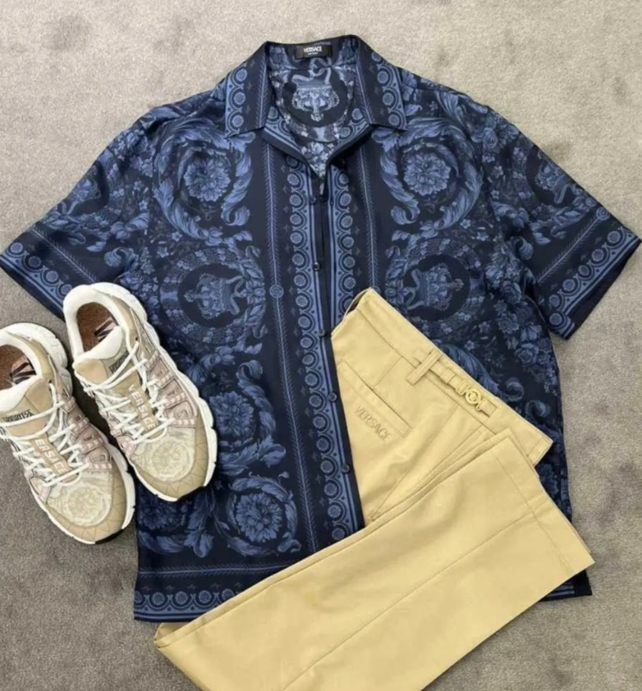 VERSACE  |Button-down Silk Street Style Plain Short Sleeves Logo