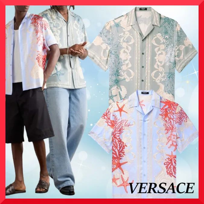 VERSACE  |Button-down Silk Street Style Short Sleeves Bridal Luxury