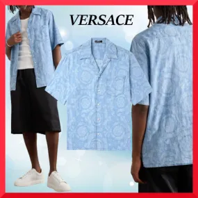 VERSACE  |Button-down Street Style Cotton Short Sleeves Bridal Luxury