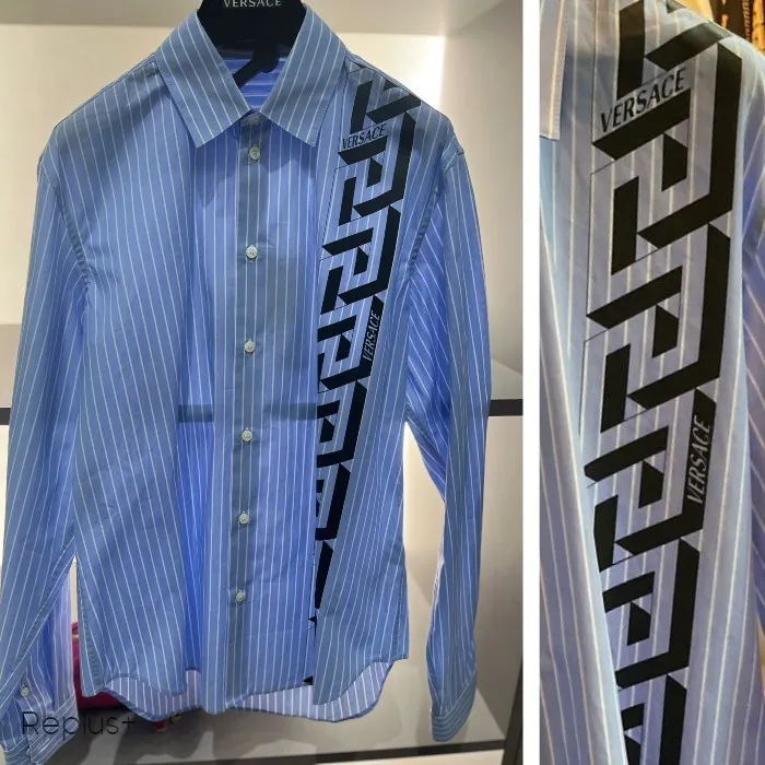 VERSACE  |Button-down Stripes Long Sleeves Cotton Logo Front Button