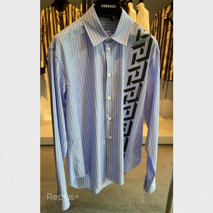 VERSACE  |Button-down Stripes Long Sleeves Cotton Logo Front Button