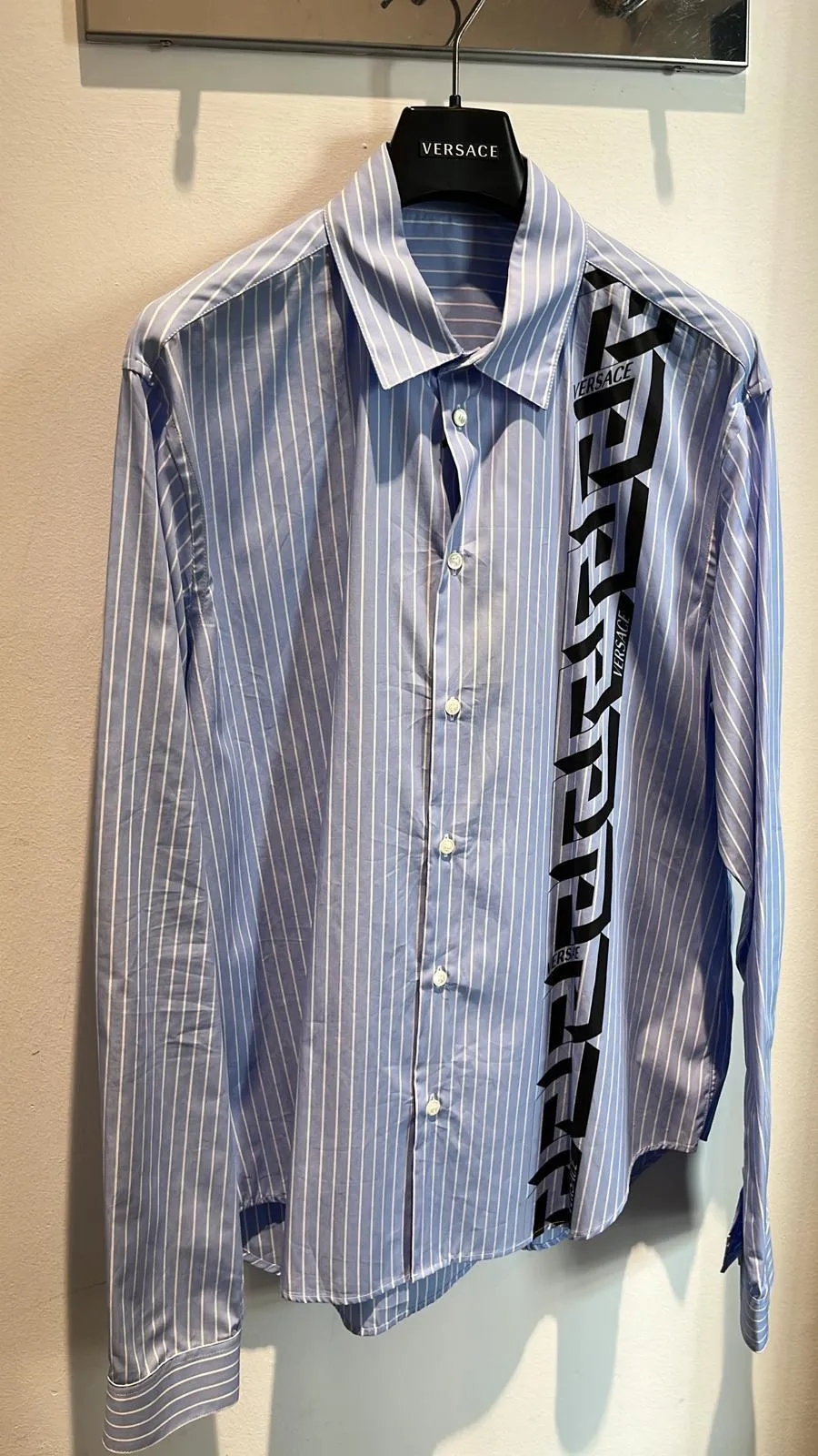 VERSACE  |Button-down Stripes Long Sleeves Cotton Logo Front Button