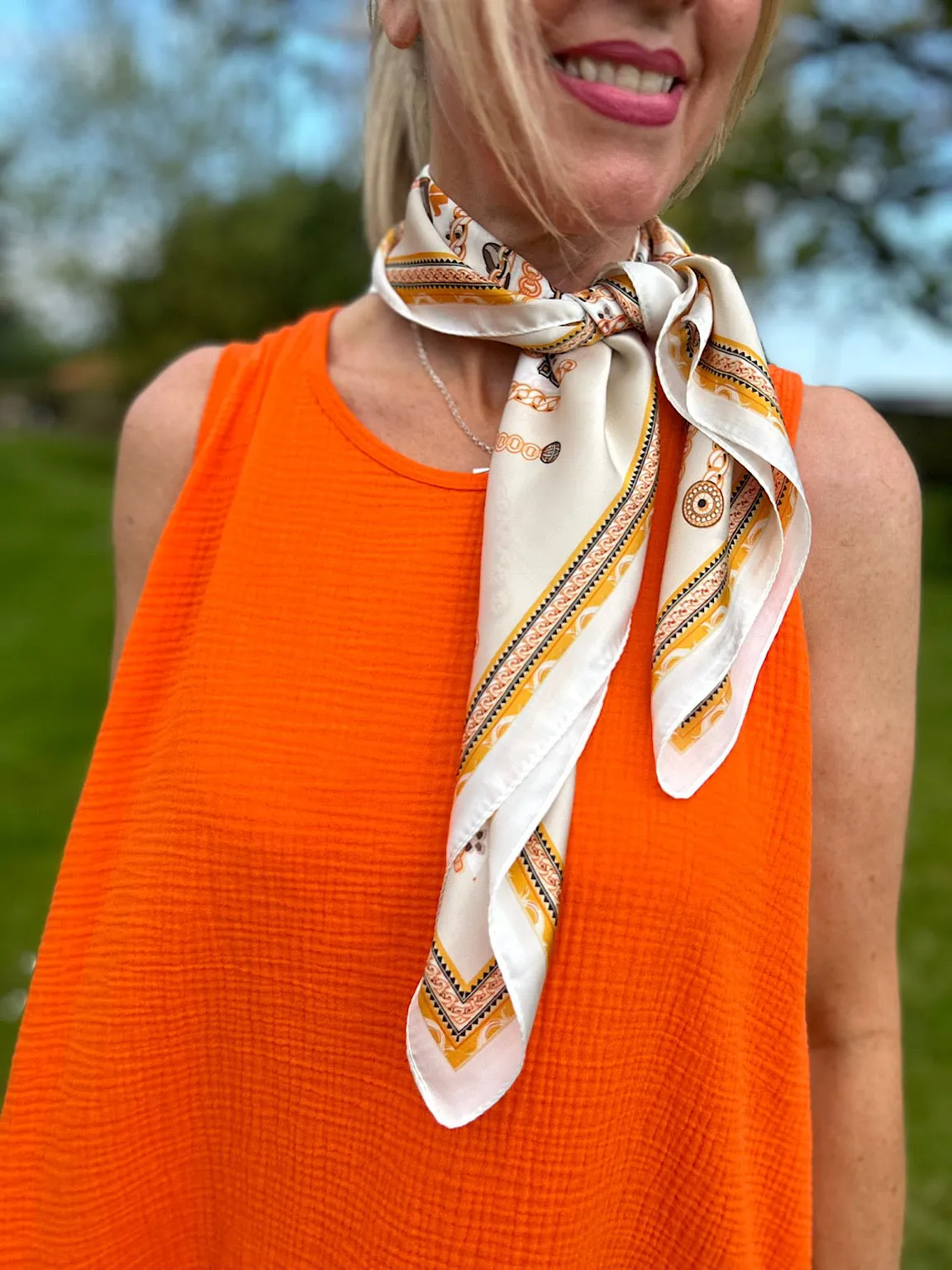 White Silk Style Multi Chain Patterned Scarf