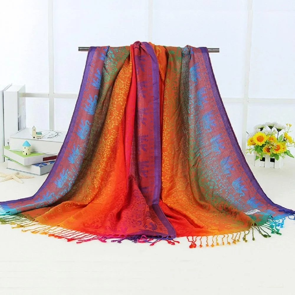 Women Double Sided Elephant National Wind Scarf Wraps Shawl Scarves