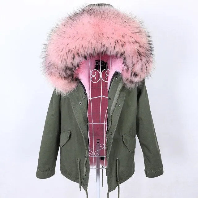 Women's XL Winter Fashion Long Sleeved Jacket with Natural Raccoon Fur Collar on Clearance